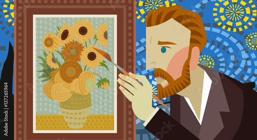 impressionist painter painting sunflowers on a starry night