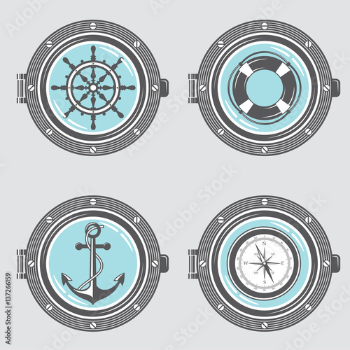 nautical collection of portholes with anchor, ship helm, lifebuoy and compass