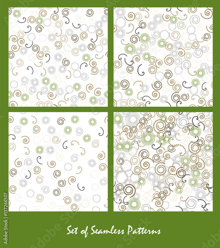 Set of seamless patterns. Spirals and circles color spring design. Bright abstract decorative backgrounds.