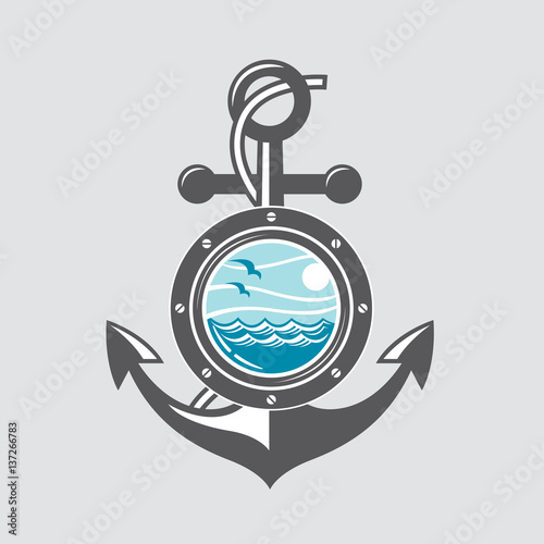 image of ship anchor and porthole with sea waves