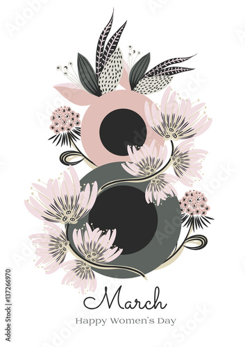8 march. Happy Women's Day. The figure eight braided flowers. Spring holiday. Card design with hand drawn floral ornament. Colorful background with blossom. Size A4. Vector illustration, eps10