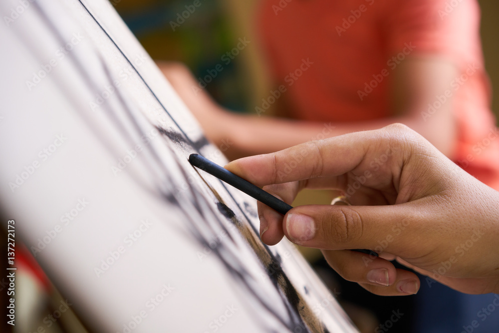 Fototapeta premium Male Hand Drawing Young Man Sketching Artist Training At School