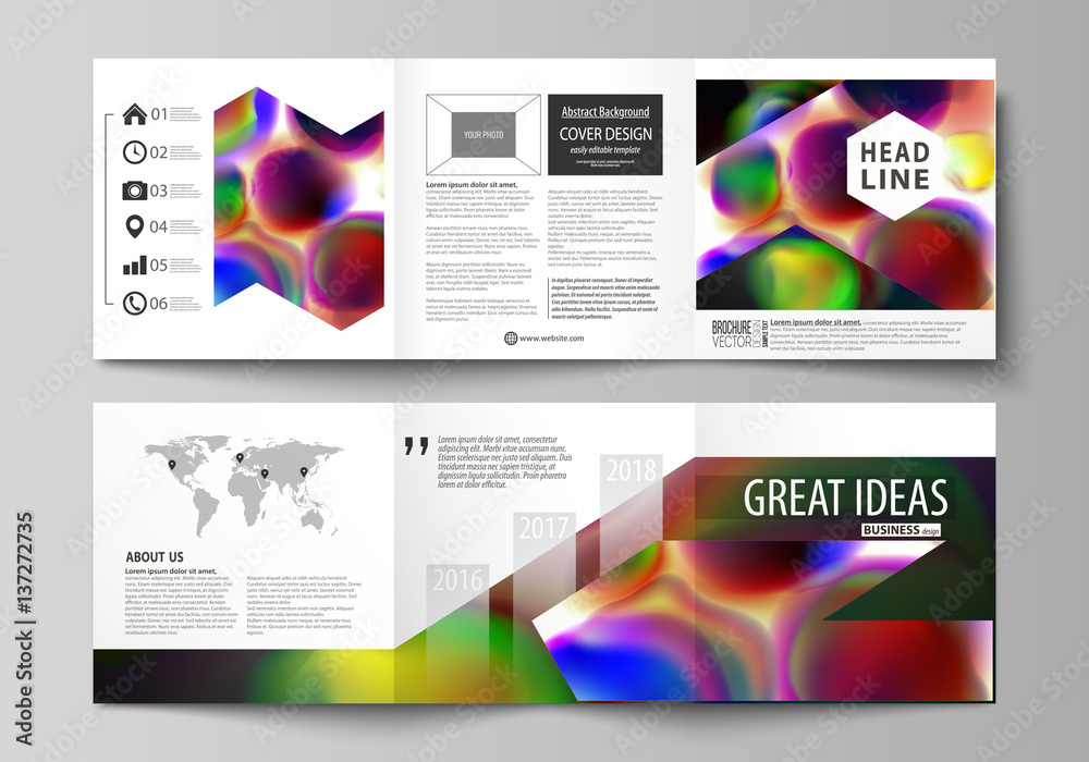 Fototapeta premium Set of business templates for tri fold brochures. Square design. Leaflet cover, flat layout, easy editable vector. Colorful background with abstract shapes, bright cell backdrop.