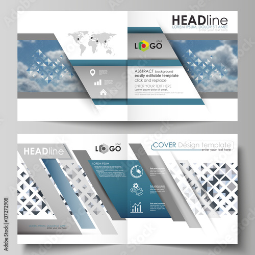 Business templates for bi fold square brochure, magazine, flyer, booklet, report. Leaflet cover, flat style layout. Blue color pattern with rhombuses, abstract design geometrical vector background.