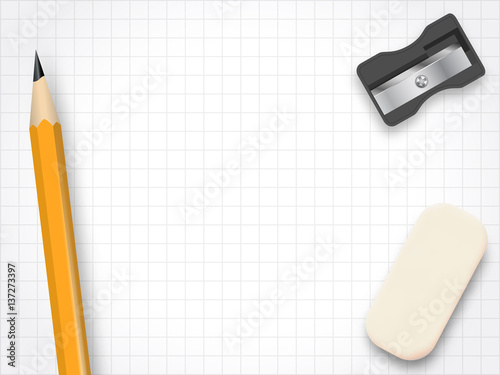 Pencil with a sharpener and eraser rubber isolated on graph paper background in vector format