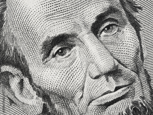 US President Abraham Abe Lincoln on USA five dollar bill extreme macro, 5 usd, United States of America money closeup