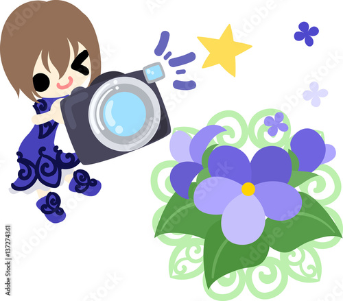 Illustration of a cute girl and violet and a camera