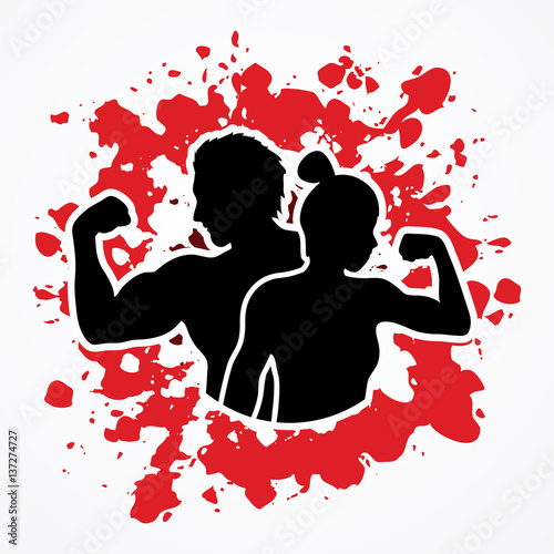 Fitness silhouette man and woman designed on splatter blood background graphic vector.