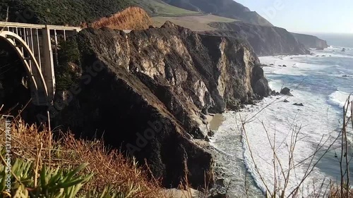 Zoom out pan timelapse of Bixby Creek Bridge, at Big sur coast, California, United states of america