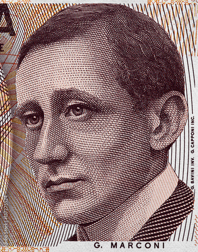 Guglielmo Marconi (1874 – 1937) face portrait on Italy 2000 lira banknote (1990) close up, Italian money macro. Inventor of radio. photo