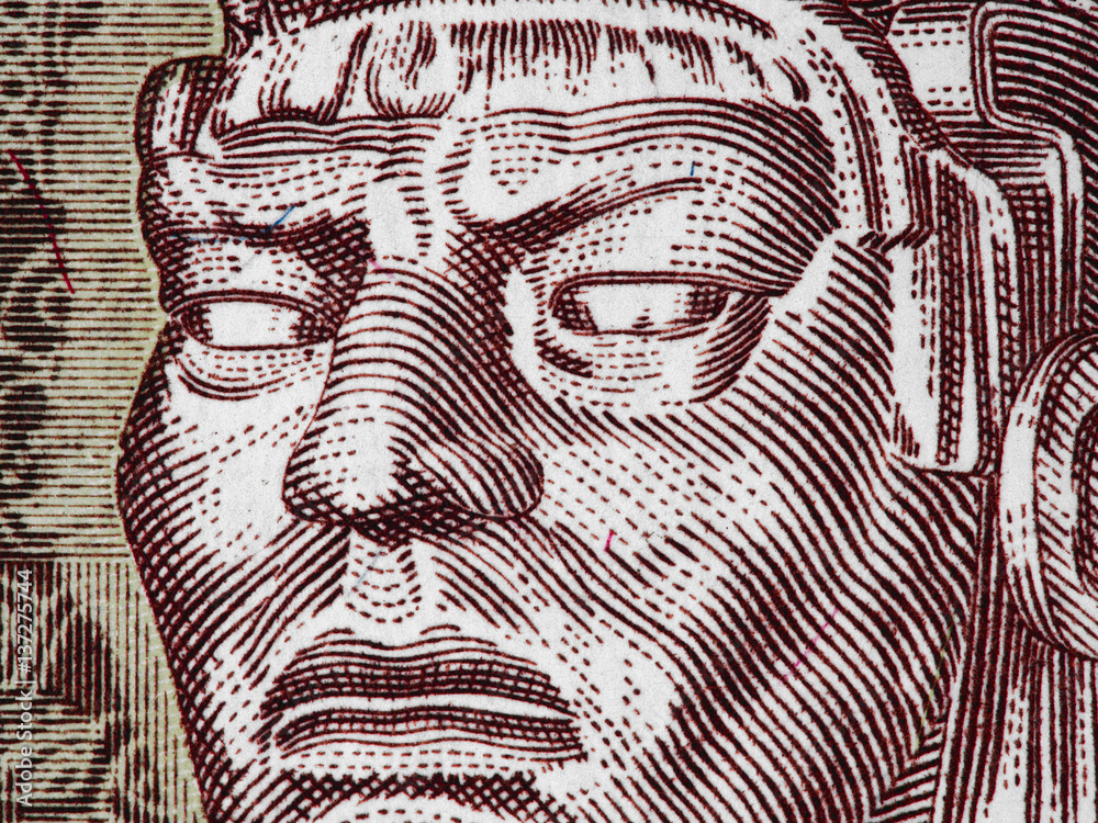 Tecun Uman (1500? – 1524) on half quetzal (1998) Guatemala banknote extreme macro, Guatemalan money closeup Tecun Uman (1500? – 1524) on half quetzal (1998) Guatemala banknote extreme macro, Guatemalan money closeup