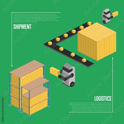 Shipment logistics isometric vector illustration. Automated warehouse interior with working robots. Freight automatic delivery, cargo transportation, logistics technology, cargo shipment concept