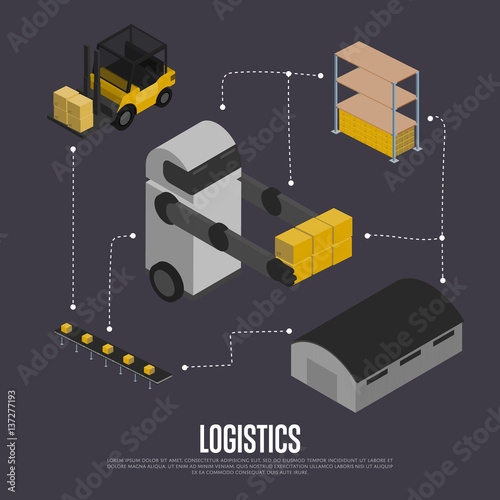 Shipment logistics isometric flowchart vector illustration. Automated warehouse with forklift truck and working robot. Freight automatic delivery, cargo transportation, modern logistics technology
