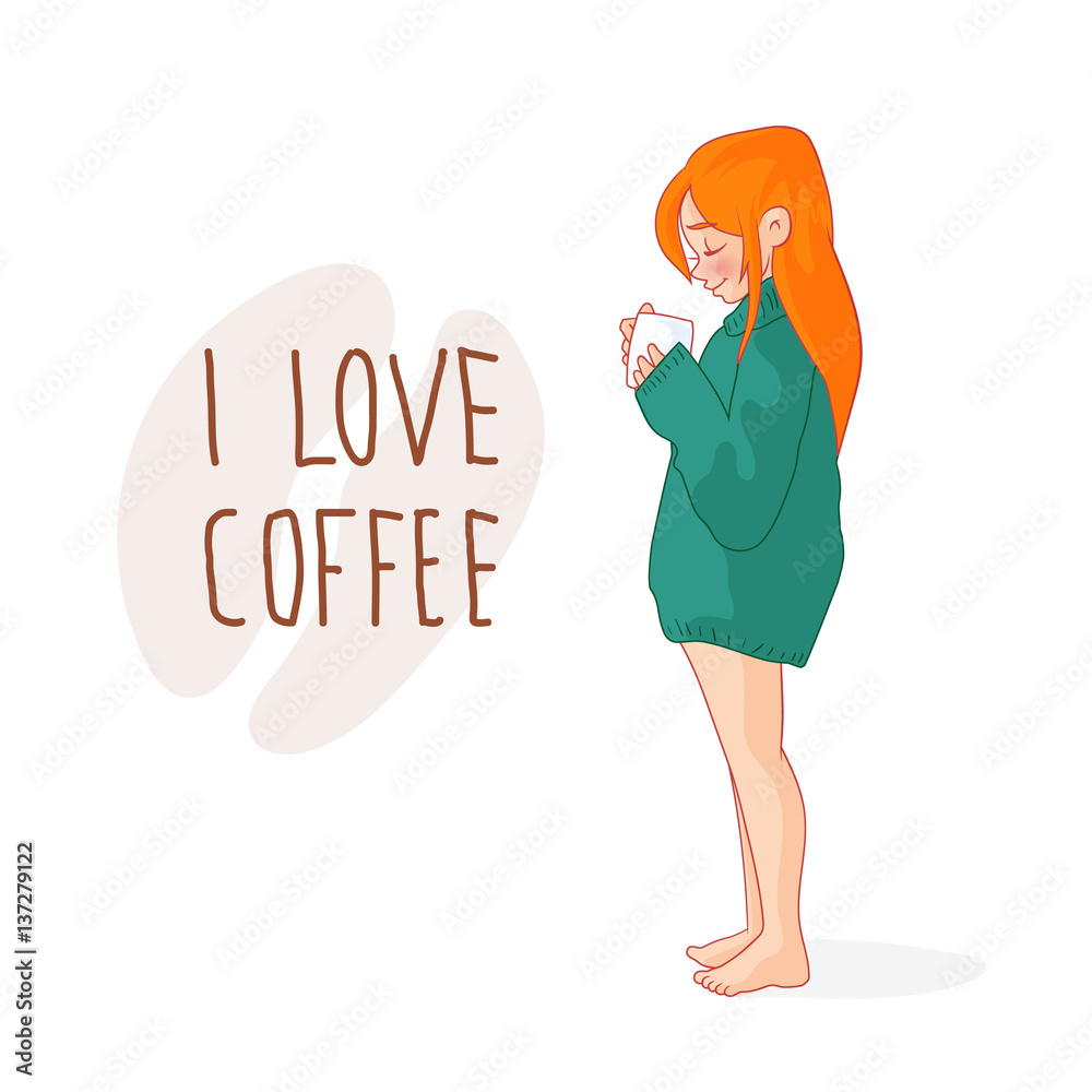 Cartoon red-haired girl in a sweater with a cup of coffee Cartoon red-haired girl in a sweater with a cup of coffee