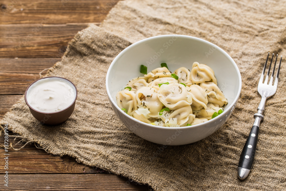 Meat dumplings - russian pelmeni, ravioli with meat on a white plate Meat dumplings - russian pelmeni, ravioli with meat on a white plate