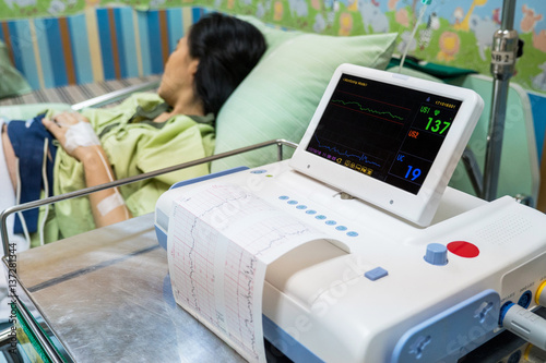 Pregnant woman in delivery room with CTG monitoring