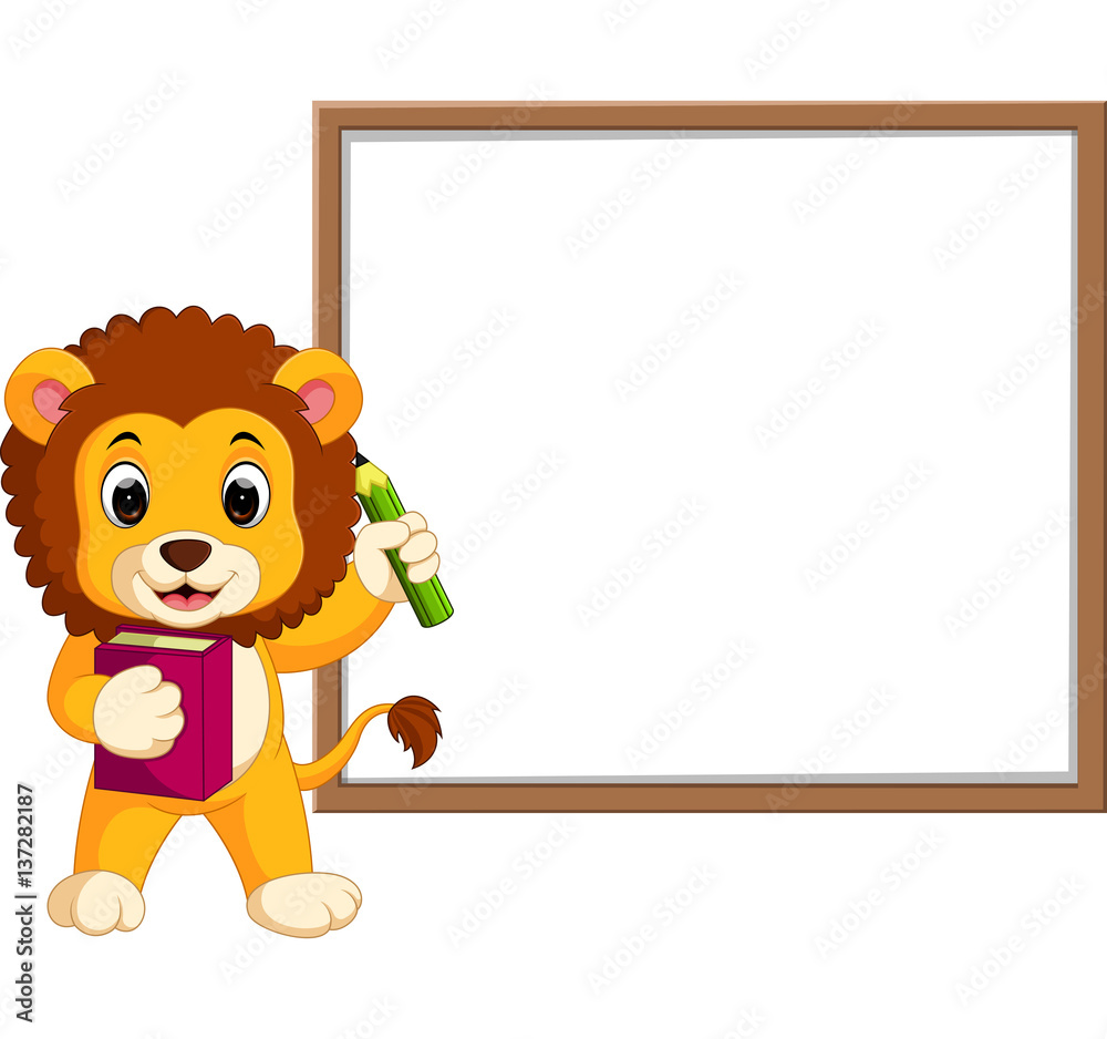 Obraz premium cute lion cartoon with whiteboard