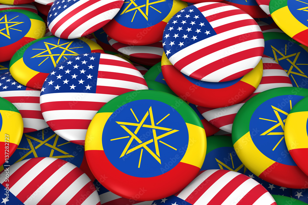 USA and Ethiopia Badges Background - Pile of American and Ethiopian Flag Buttons 3D Illustration
