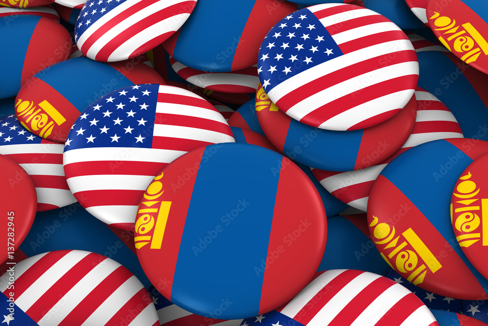 USA and Mongolia Badges Background - Pile of American and Mongolian Flag Buttons 3D Illustration