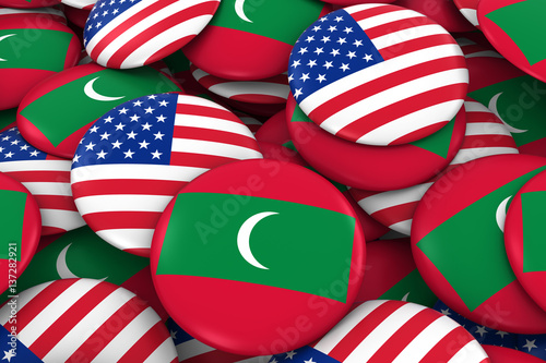 USA and Maldives Badges Background - Pile of American and Maldivian Flag Buttons 3D Illustration