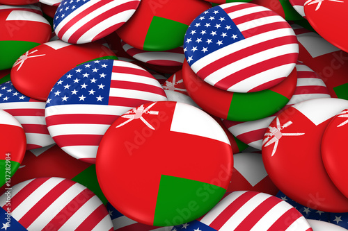 Fototapeta Naklejka Na Ścianę i Meble -  USA and Oman Badges Background - Pile of American and Omani Flag Buttons 3D Illustration