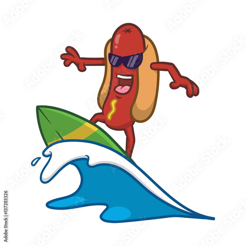 Cartoon Cool Surfing Hotdog Character Vector llustration