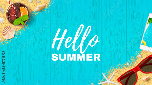 Beautiful summer vacation web banner. Top view on seashells, sun glasses, fresh cocktail, smartphone and sea sand on wooden texture. Vector illustration.