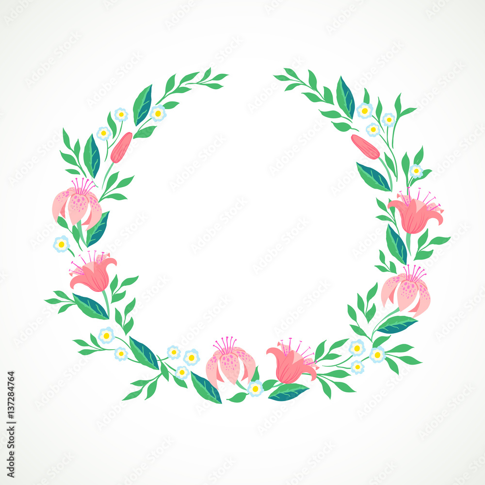 Vector illustration of a wreath with flowers