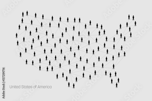 USA Map. Vector map depicts people connecting through a large Internet web line and dots forming the shape of United States of America.