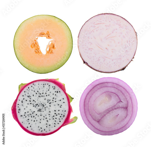 Set half of fruit and vegetable on white background