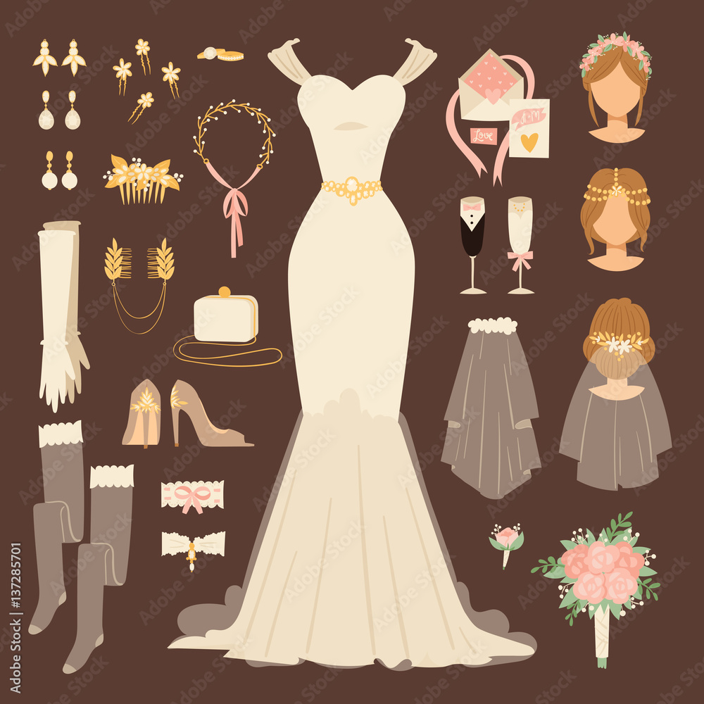 Wedding fashion bride dress doodle style bridal shower sketch decor set and  cartoon vector silhouette portrait swirling borders ribbon icons. vector de  Stock | Adobe Stock