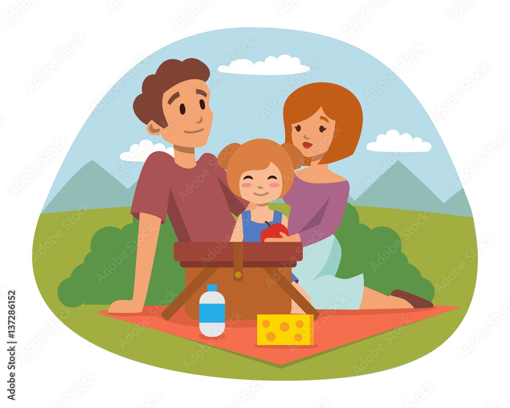 Picnic setting with fresh food hamper basket barbecue resting couple and summer meal party family people lunch garden character vector illustration. Picnic setting with fresh food hamper basket barbecue resting couple and summer meal party family people lunch garden character vector illustration.
