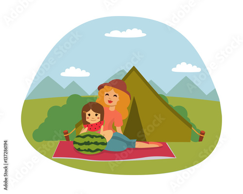 Picnic setting with fresh food hamper basket barbecue resting couple and summer meal party family people lunch garden character vector illustration.
