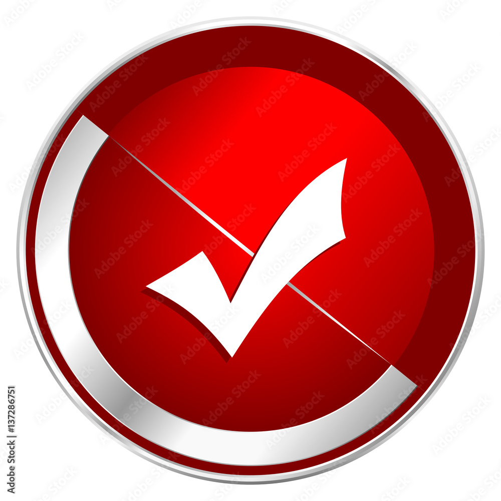 Accept red web icon. Metal shine silver chrome border round button isolated on white background. Circle modern design abstract sign for smartphone applications. Accept red web icon. Metal shine silver chrome border round button isolated on white background. Circle modern design abstract sign for smartphone applications.