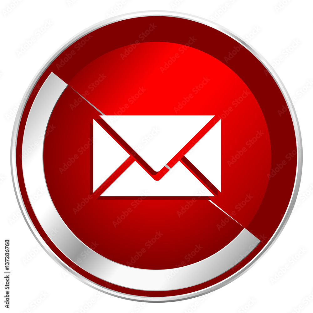 Email red web icon. Metal shine silver chrome border round button isolated on white background. Circle modern design abstract sign for smartphone applications. Email red web icon. Metal shine silver chrome border round button isolated on white background. Circle modern design abstract sign for smartphone applications.