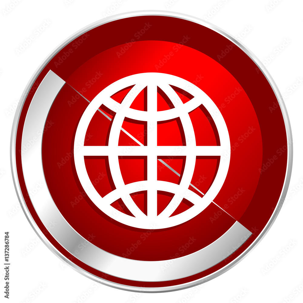 Earth red web icon. Metal shine silver chrome border round button isolated on white background. Circle modern design abstract sign for smartphone applications. Earth red web icon. Metal shine silver chrome border round button isolated on white background. Circle modern design abstract sign for smartphone applications.