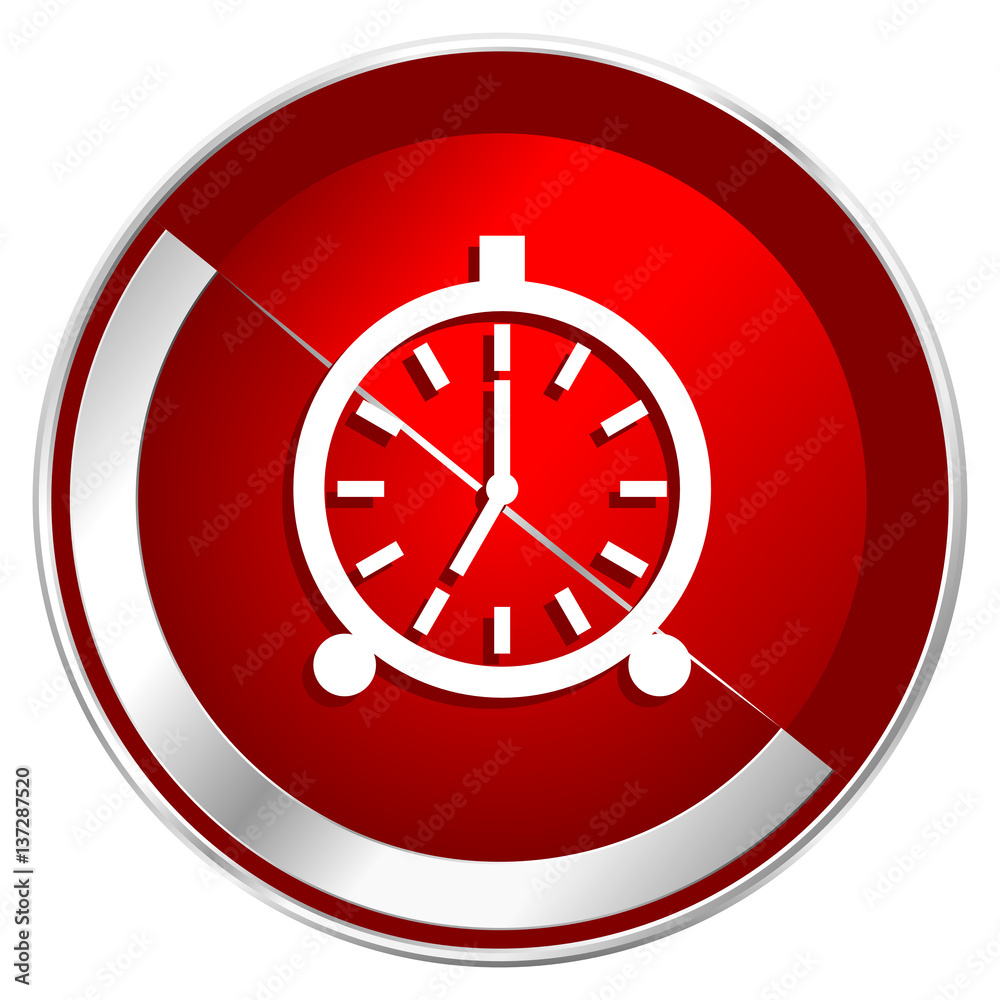 Alarm red web icon. Metal shine silver chrome border round button isolated on white background. Circle modern design abstract sign for smartphone applications. Alarm red web icon. Metal shine silver chrome border round button isolated on white background. Circle modern design abstract sign for smartphone applications.
