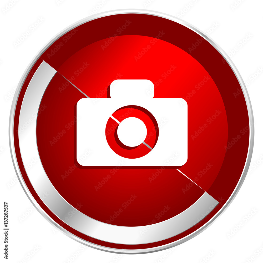 Camera red web icon. Metal shine silver chrome border round button isolated on white background. Circle modern design abstract sign for smartphone applications. Camera red web icon. Metal shine silver chrome border round button isolated on white background. Circle modern design abstract sign for smartphone applications.