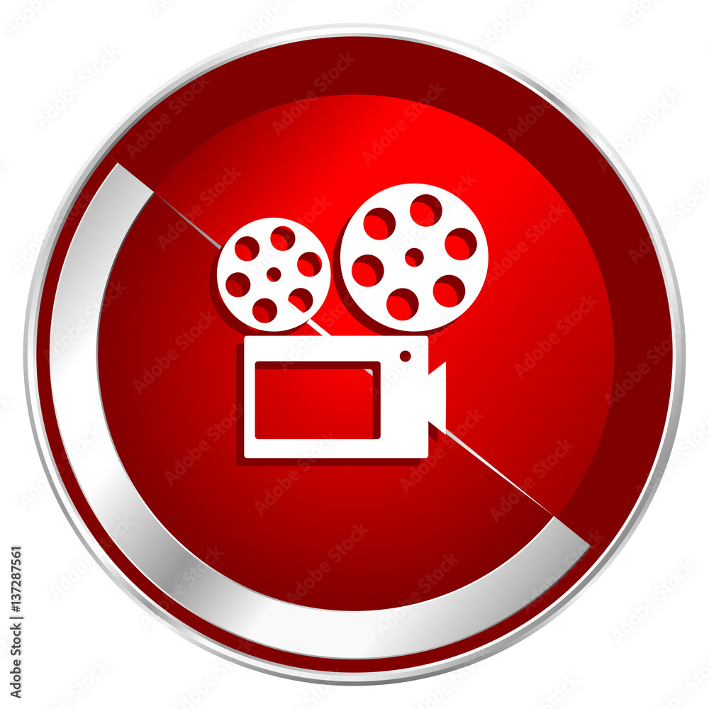 Movie red web icon. Metal shine silver chrome border round button isolated on white background. Circle modern design abstract sign for smartphone applications. Movie red web icon. Metal shine silver chrome border round button isolated on white background. Circle modern design abstract sign for smartphone applications.