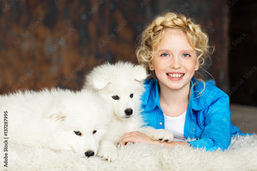 Little girl with a samoyed puppies