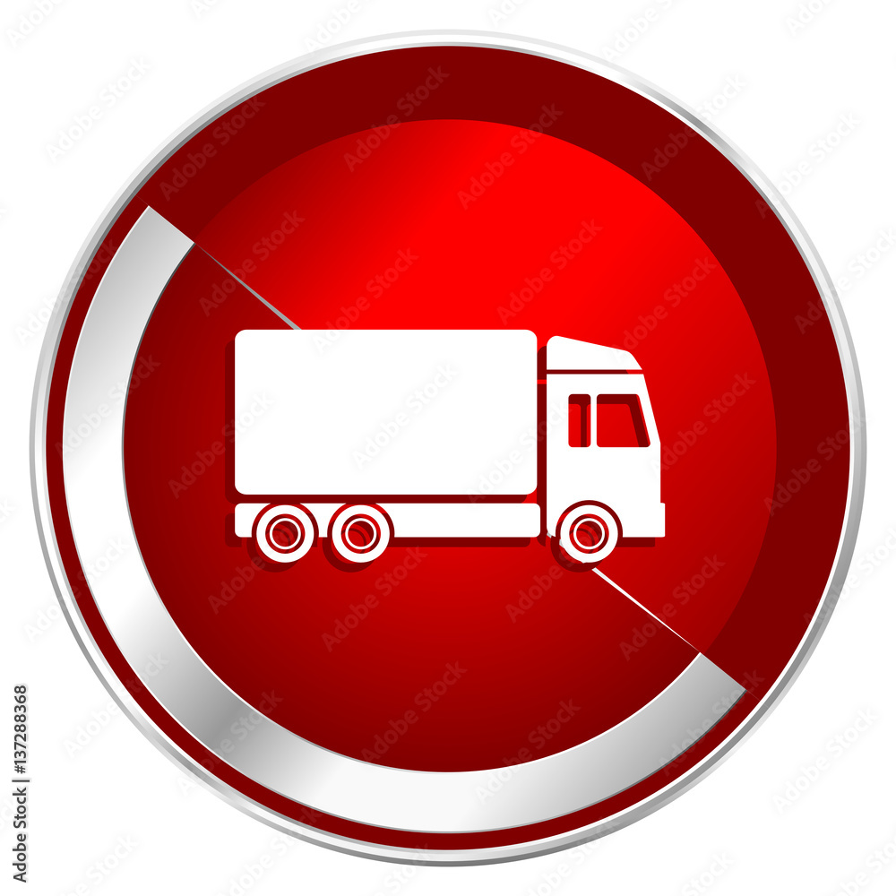 Delivery red web icon. Metal shine silver chrome border round button isolated on white background. Circle modern design abstract sign for smartphone applications. Delivery red web icon. Metal shine silver chrome border round button isolated on white background. Circle modern design abstract sign for smartphone applications.