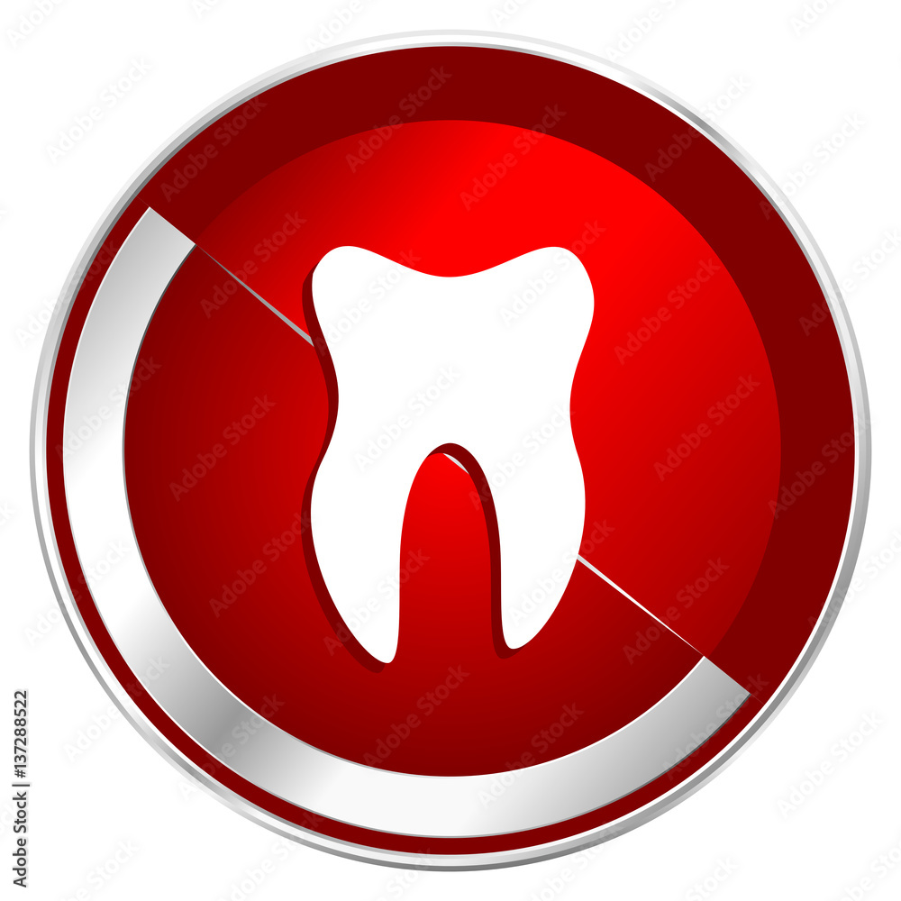 Tooth red web icon. Metal shine silver chrome border round button isolated on white background. Circle modern design abstract sign for smartphone applications. Tooth red web icon. Metal shine silver chrome border round button isolated on white background. Circle modern design abstract sign for smartphone applications.
