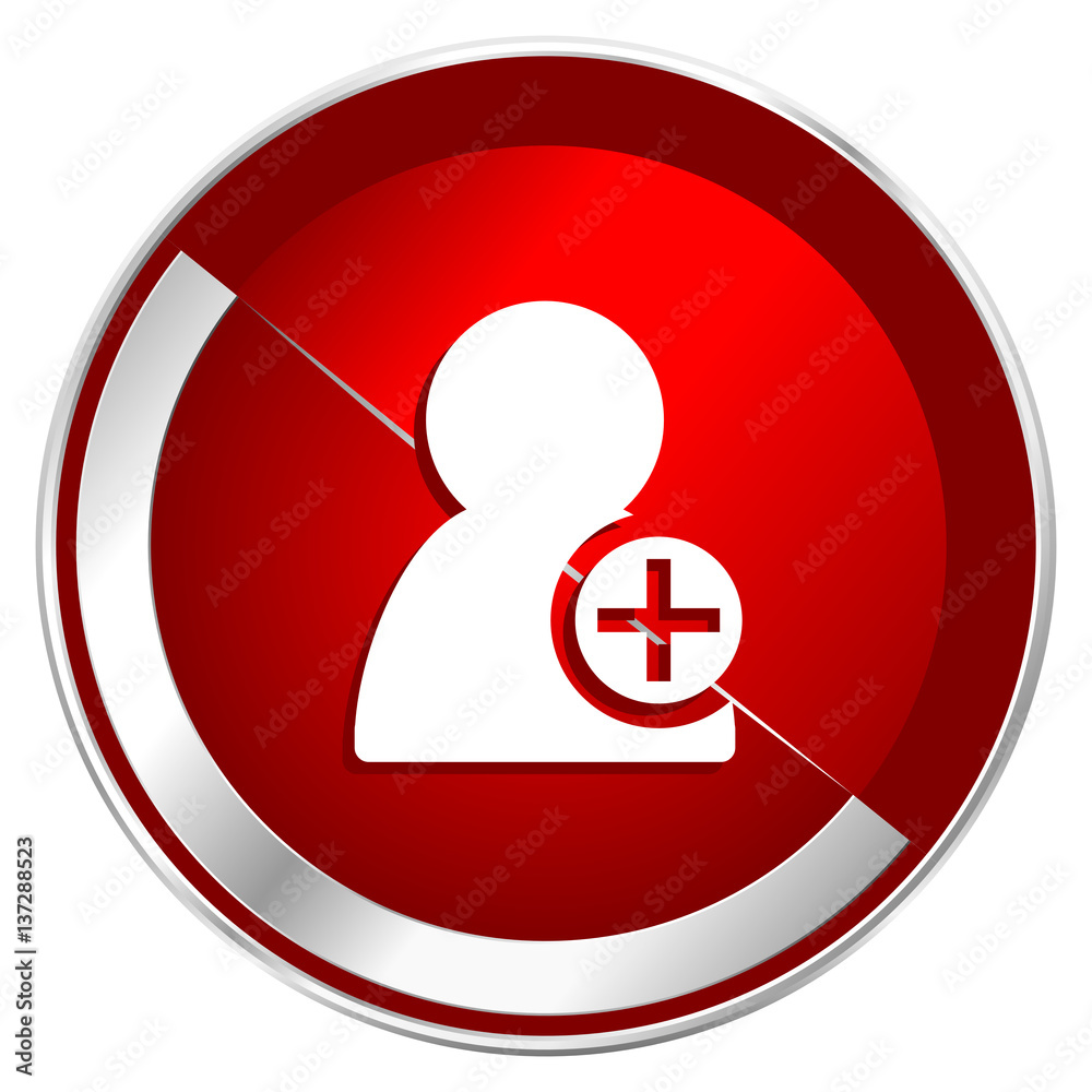 Add contact red web icon. Metal shine silver chrome border round button isolated on white background. Circle modern design abstract sign for smartphone applications. Add contact red web icon. Metal shine silver chrome border round button isolated on white background. Circle modern design abstract sign for smartphone applications.