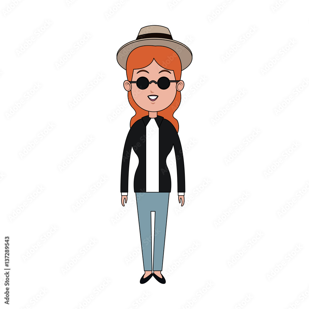 woman with sunglasses and hat cartoon icon over white background. colorful design. vector illustration