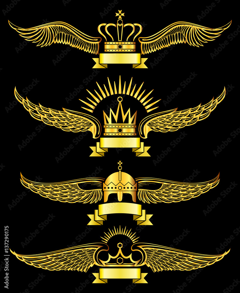 Vector Winged Crowns Royal Logo Templates Set In Black And