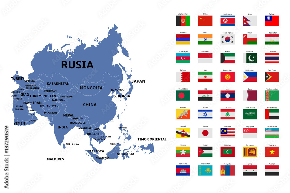 asia map and flags