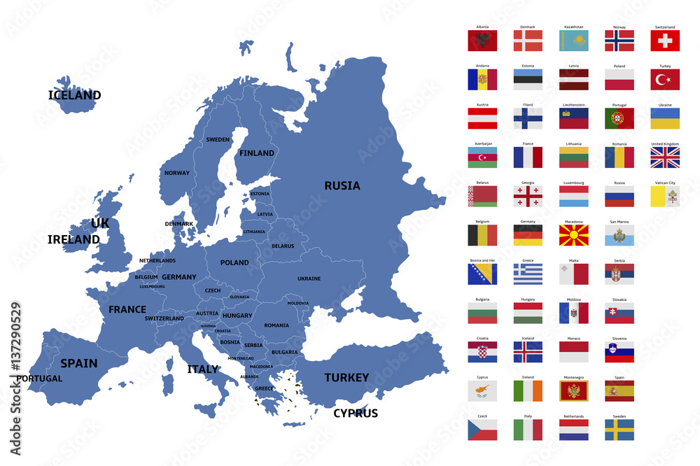 Fototapeta mapa Europy i flagi