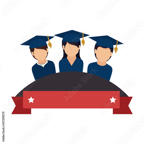 colorful emblem with ribbon and students graduates vector illustration