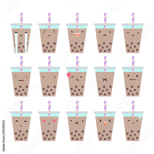 Set of bubble tea emotions. Vector hand drawn illustration