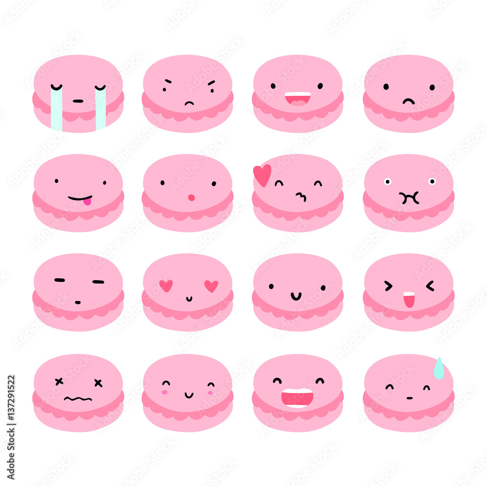 Set of macaroon emoji. Vector hand drawn isolated illustration Set of macaroon emoji. Vector hand drawn isolated illustration